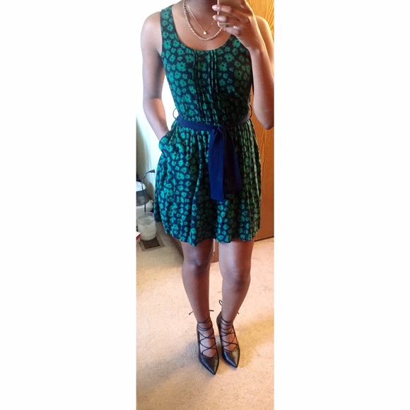 NavyBlue and Green Printed Spring and Summer Dress