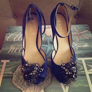 Royal blue, peep toe strappy suede stiletto.