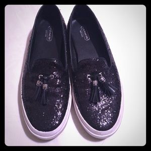 Black Glitter Coach Slip ons with Tassels