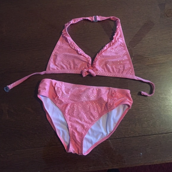 Girls size 14 bathing suit - peach with gold dots - Picture 1 of 1