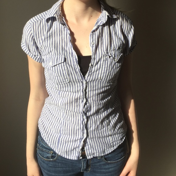 Blue and white vertical striped button up