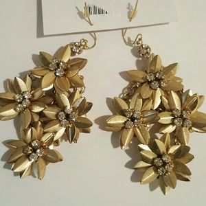 Long Gold Floral Earrings w/ rhinestones