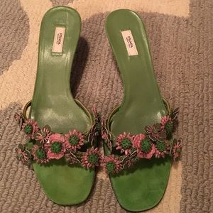 Green and Pink Floral Prada Kitten Heels