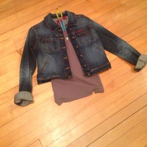Fitted distressed dark denim jacket
