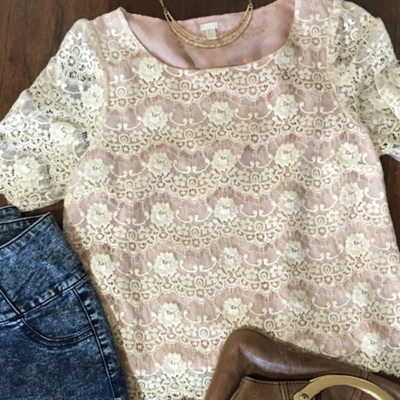 Tops - Pink Sheer Top with Cream Lace Overlay