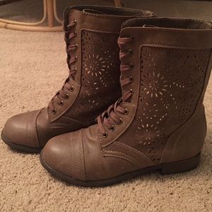 brown combat boots, with gold underlay