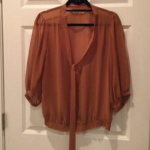 Sheer Burnt Orange Tie-Front Blouse