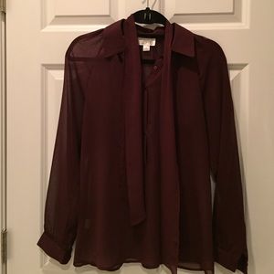 Burgundy Popover Blouse with Tie-Neck
