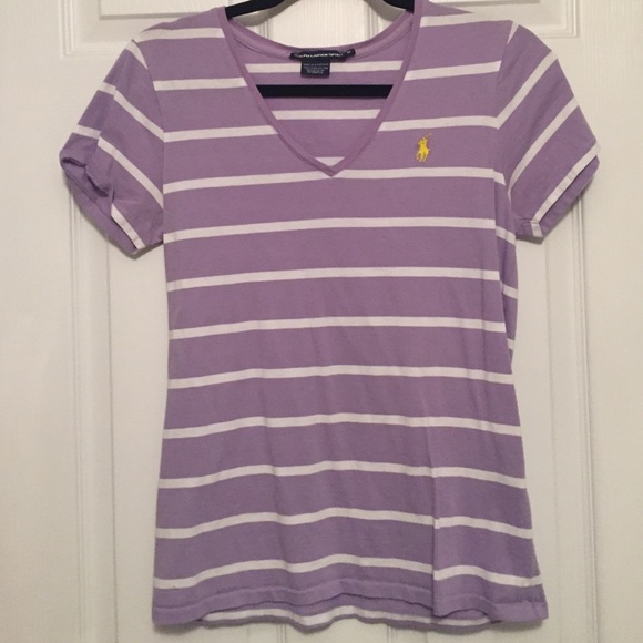 light purple & white striped v-neck polo.