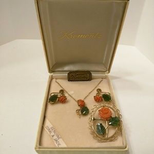 Vintage Krementz Coral and Jade Jewelry Set
