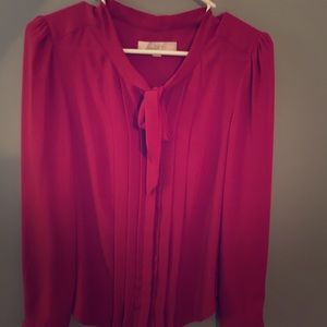 The Loft tie neck rose colored pleated blouse