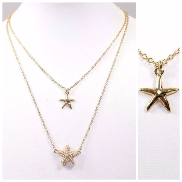 Gold Faux Pearl Layered Starfish Necklace - Picture 4 of 5