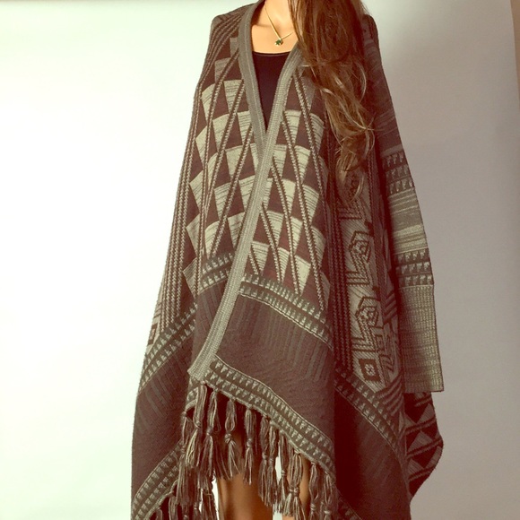 Italian Woven Cape Sweater w/ Sleeves and Fringe