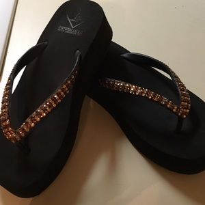 Black Flip Flops w/ Gold/Brown Swarovski Crystals!