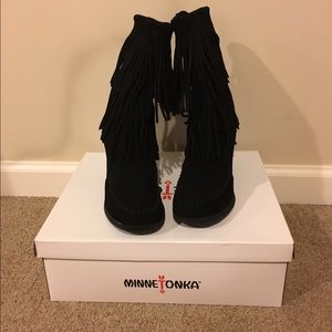 Calf Hi Double Fringe Wedge Boots by Minnetonka