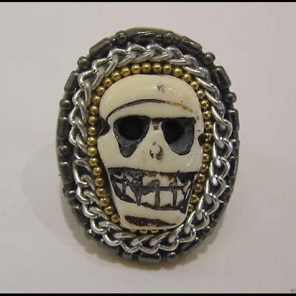 GOLD TONE SKULL RING CHAIN, BEADS RING FREE SIZE