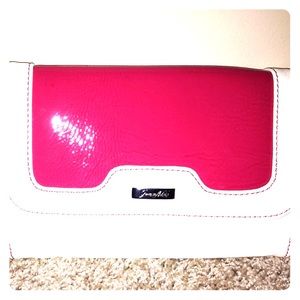 Hot pink & white faux leather clutch