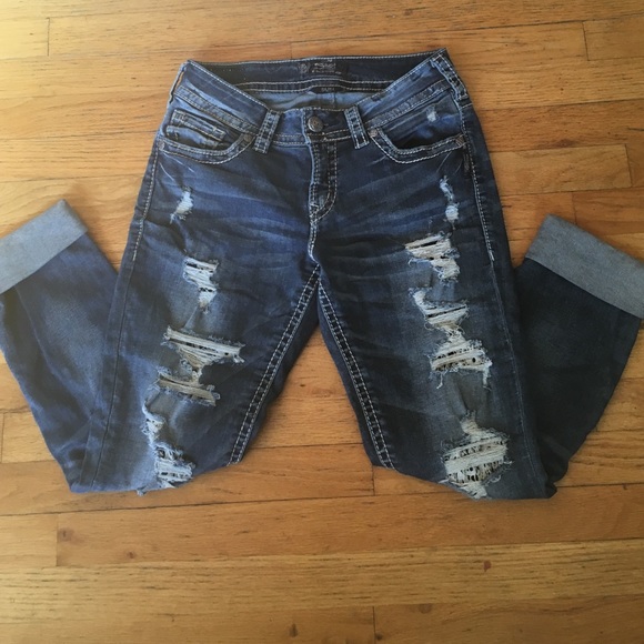 Silver Suki Crochet Lace Destroyed Jeans