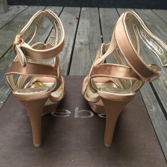 BEBE Strappy Gold Cashmere Silk Heels Size 6 - Picture 3 of 4