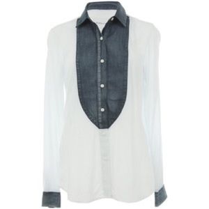 BCBG Denim Detail Button Down Long Sleeve Top