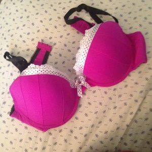 Magenta bra with polka dot and lace trim
