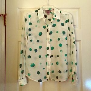 Cute White Blouse with Green Polka Dots
