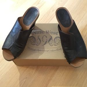 9 West Dark brown leather studded mule heels