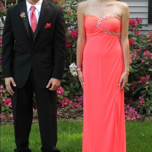 Strapless Coral Dress w/ Chain Style Embellishment - Picture 1 of 2