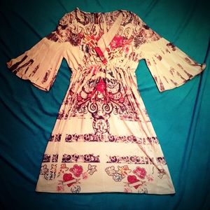 Boho gypsy v neck bell sleeve fold printed dress