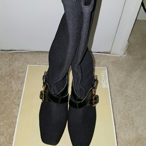 Microfiber and patent leather boots