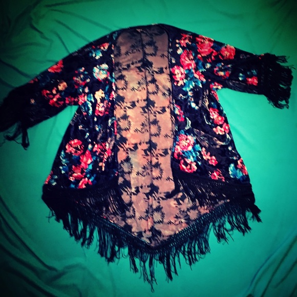 Floral fringed velvet kimono or cover-up