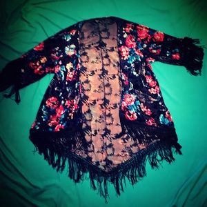 Floral fringed velvet kimono or cover-up