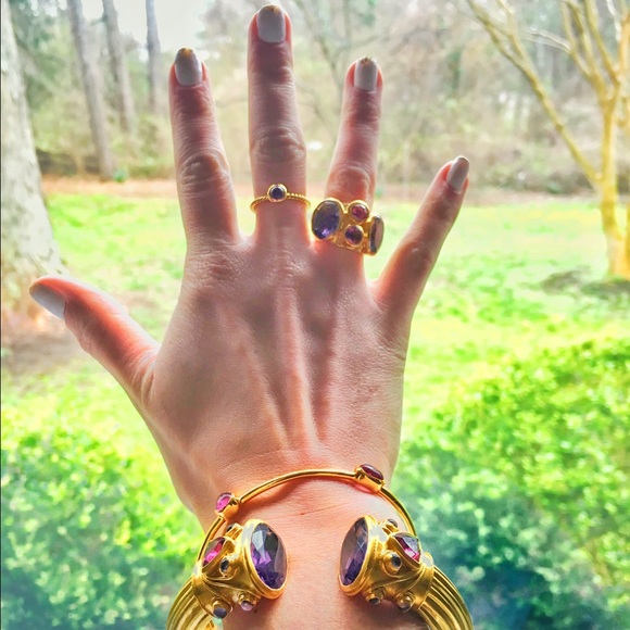 Amethyst Solitaire Ring Gold Ribbed Band - Picture 3 of 4