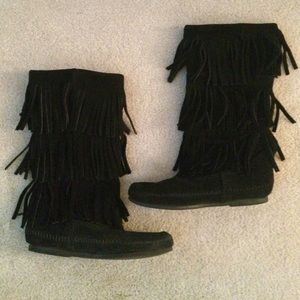Black Fringe Moccasin Boots