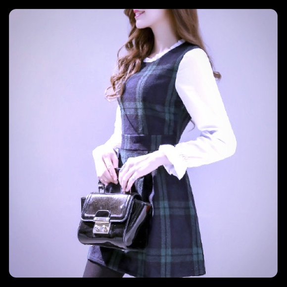 ASOS Dresses & Skirts - Navy plaid mini dress with built in white blouse.