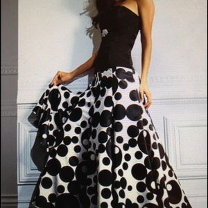 Black Satin Top with Vibrant Polka Dot Flare Skirt