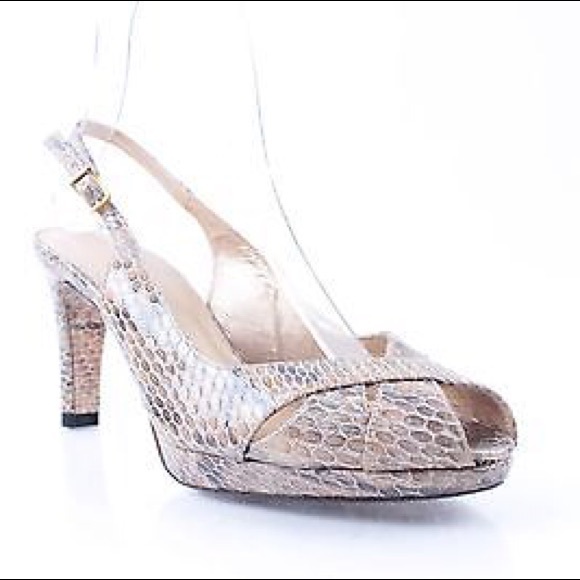 Beige Leather Snakeskin Peep-Toe Heels