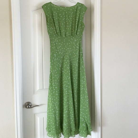 Green print lined maxi dress with bottom ruffle