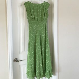 Green print lined maxi dress with bottom ruffle