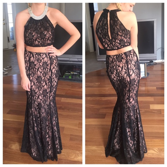 Two piece prom dress black lace