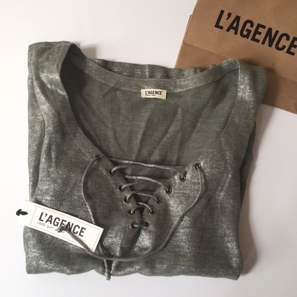 L'AGENCE Tops - NWT L'AGENCE Silver Lace Up Front Tee
