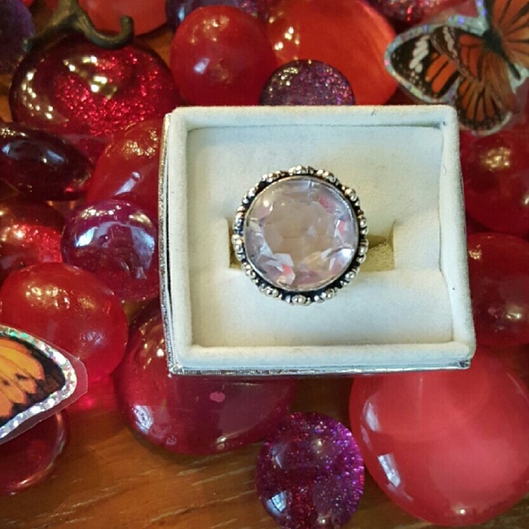Large Pink Crystal Ring in Silver tone Setting
