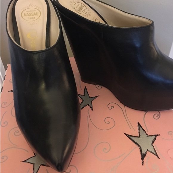 Jeffrey Campbell black leather platform mules
