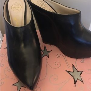 Jeffrey Campbell black leather platform mules