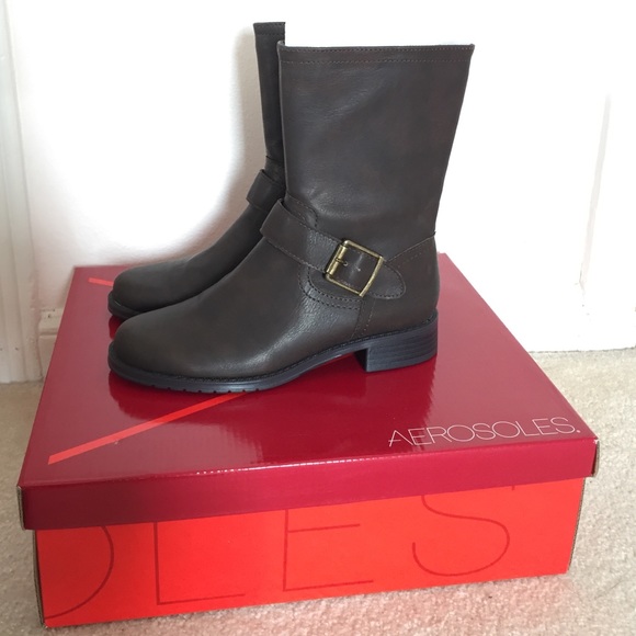 Brown faux leather mid-calf boots