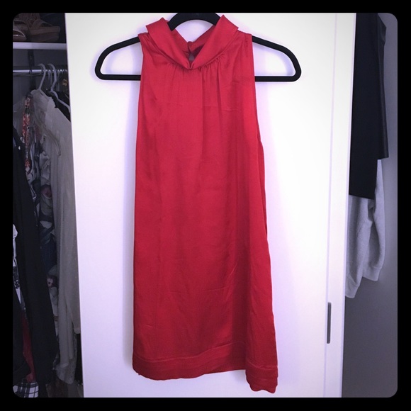 Silk high collar red mini dress
