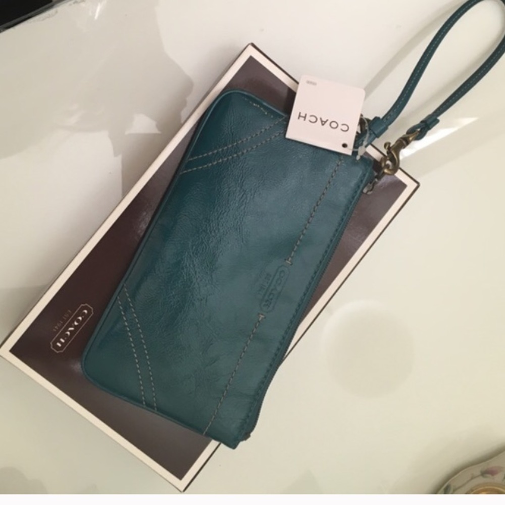 COACH dark green patent wristlet/wallet
