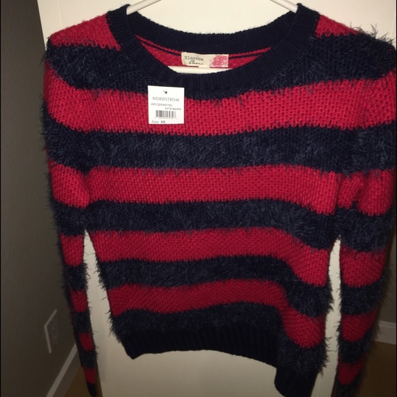 fuzzy red and navy Nordstrom sweater
