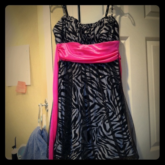 SOLD.Zebra cocktail dress hot pink sash-Jr Girl