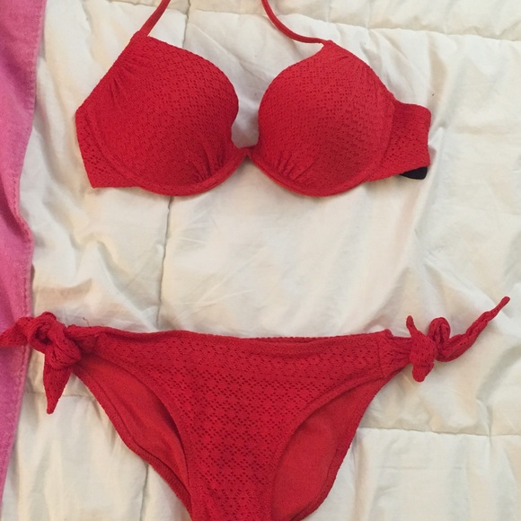 SOLD red bikini, crochet, small, 34B, 4 small